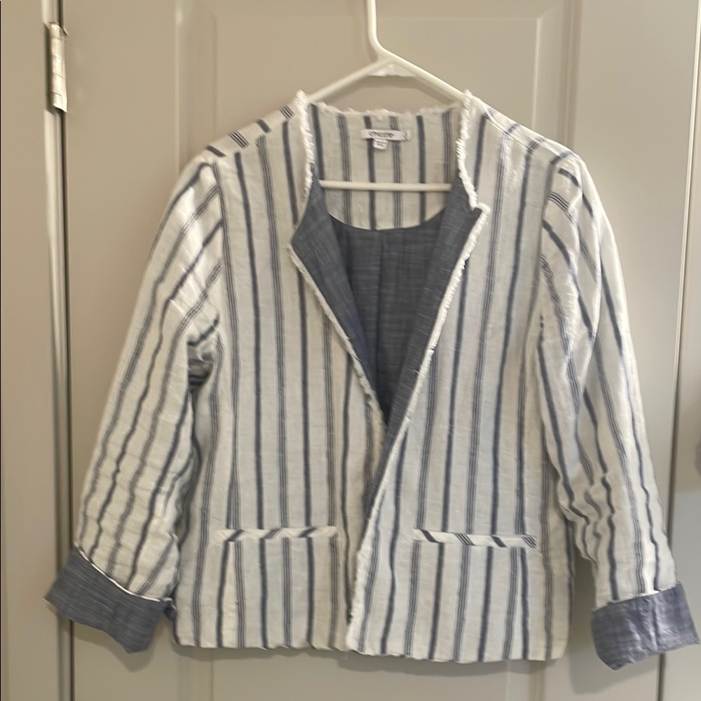 Chico's Blue and White Striped Suit Jacket Modern Fit